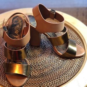 Sam Edelman Heels Strap Buckle Gold Tan Sz 7.5
